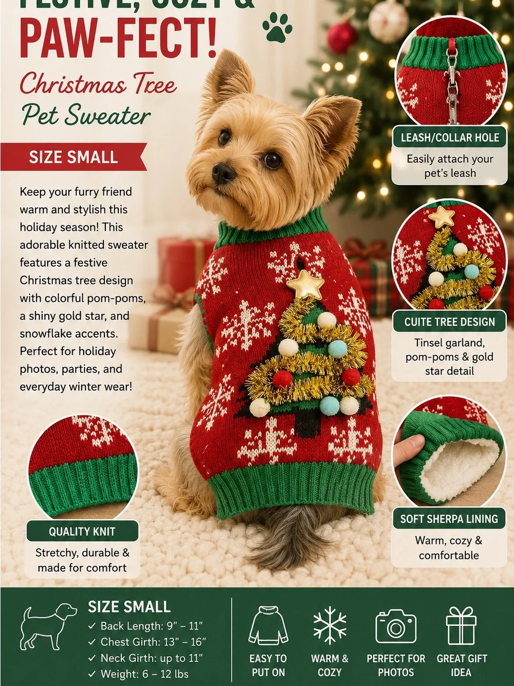 Holiday Christmas Tree Dog Sweater - Red & Green